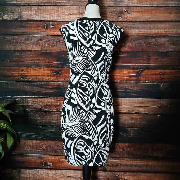 Cache Dress Size 8 White Black Leaf Sheath Cap Sleeve Lined Stretch Made In USA - Picture 5 of 8